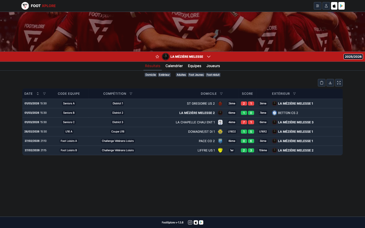 Aperçu de l'application FootXplore — résultats du club
